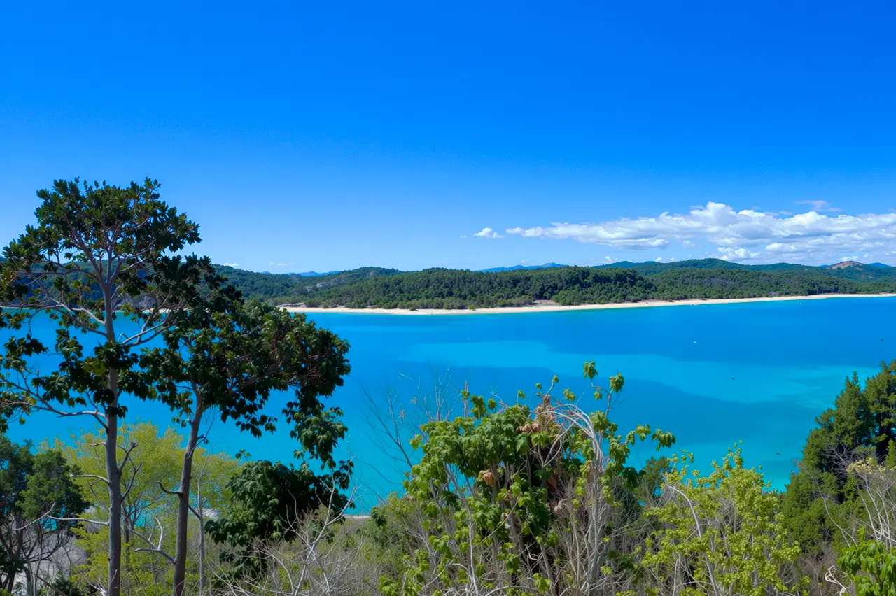 Clear blue lake with a sandy shore and green forested hills under a bright blue sky.