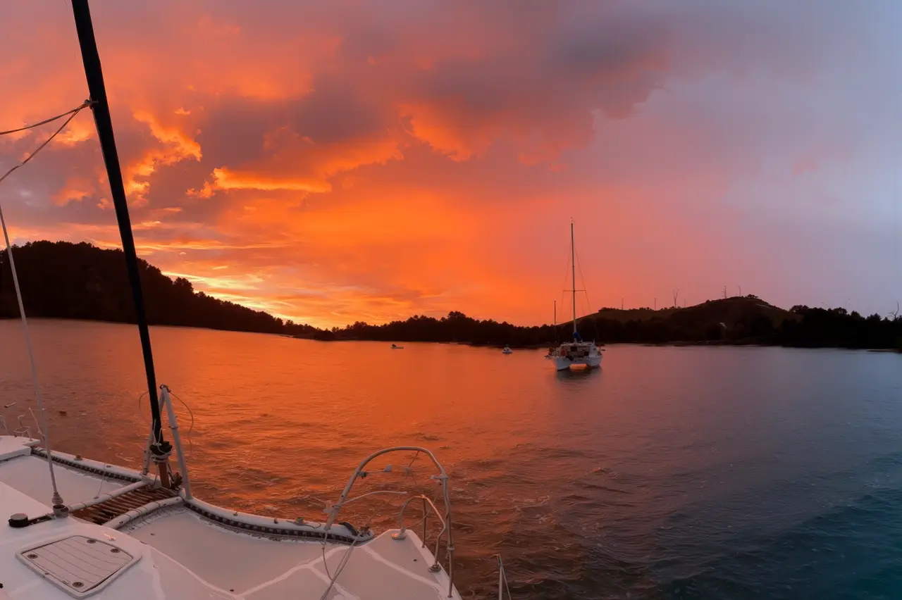 Sunset over calm water with anchored boats and silhouetted hills in the background.